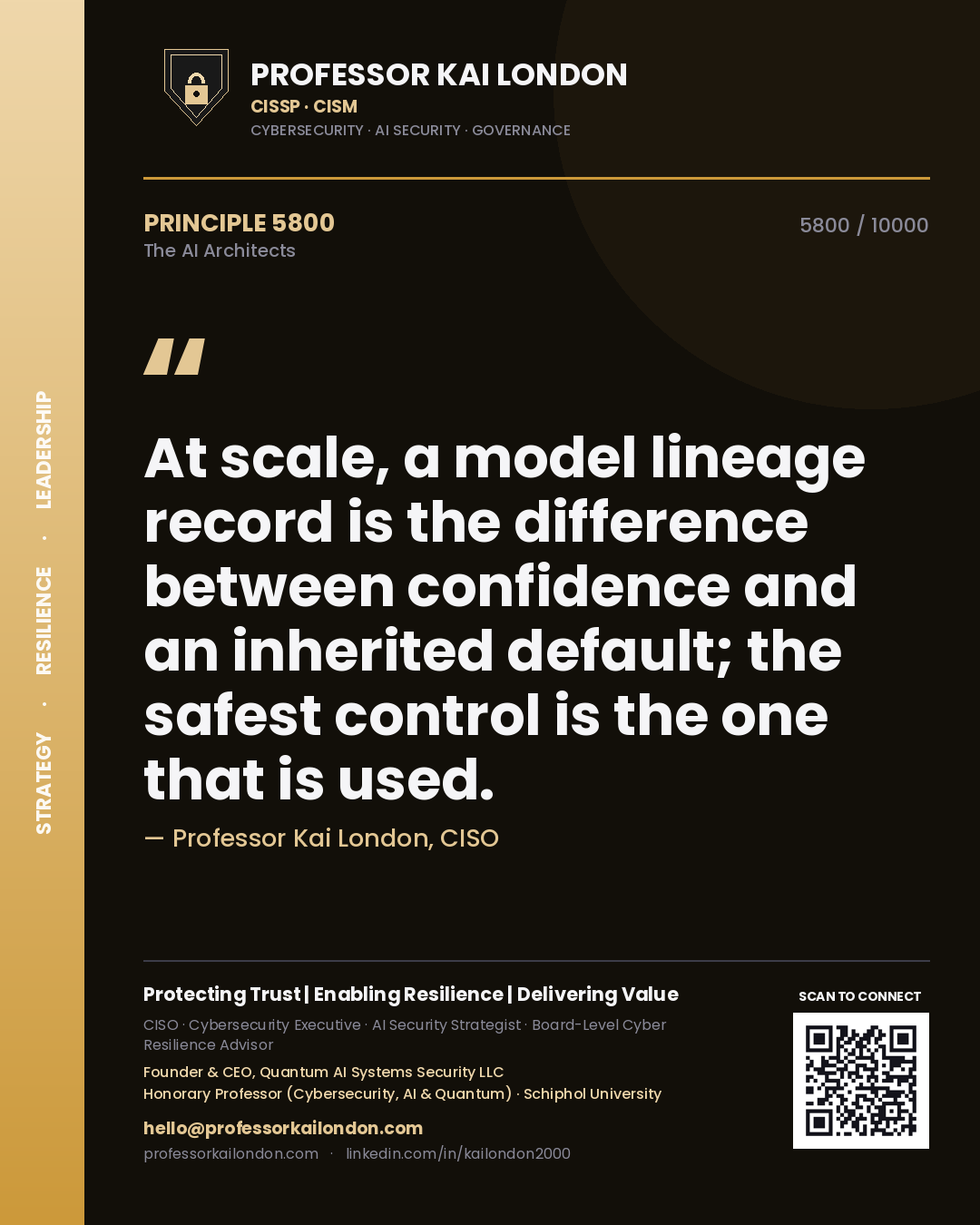 Professor Kai London principle 5800: At scale, a model lineage record is the difference between confidence and an inherited default; the safest control is the one that is used.