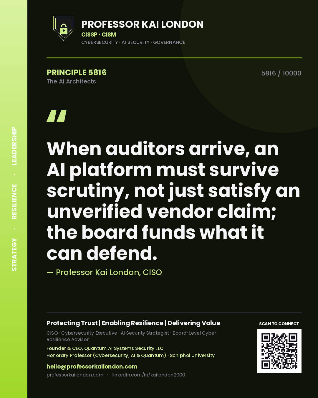 Professor Kai London principle 5816: When auditors arrive, an AI platform must survive scrutiny, not just satisfy an unverified vendor claim; the board funds what it can defend.
