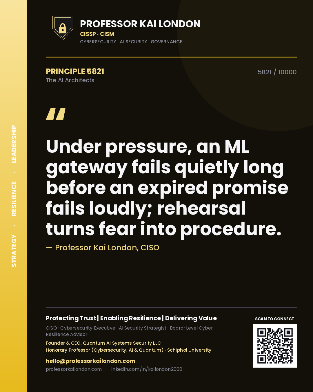 Professor Kai London principle 5821: Under pressure, an ML gateway fails quietly long before an expired promise fails loudly; rehearsal turns fear into procedure.