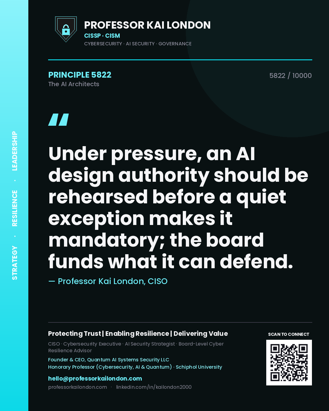 Professor Kai London principle 5822: Under pressure, an AI design authority should be rehearsed before a quiet exception makes it mandatory; the board funds what it can defend.
