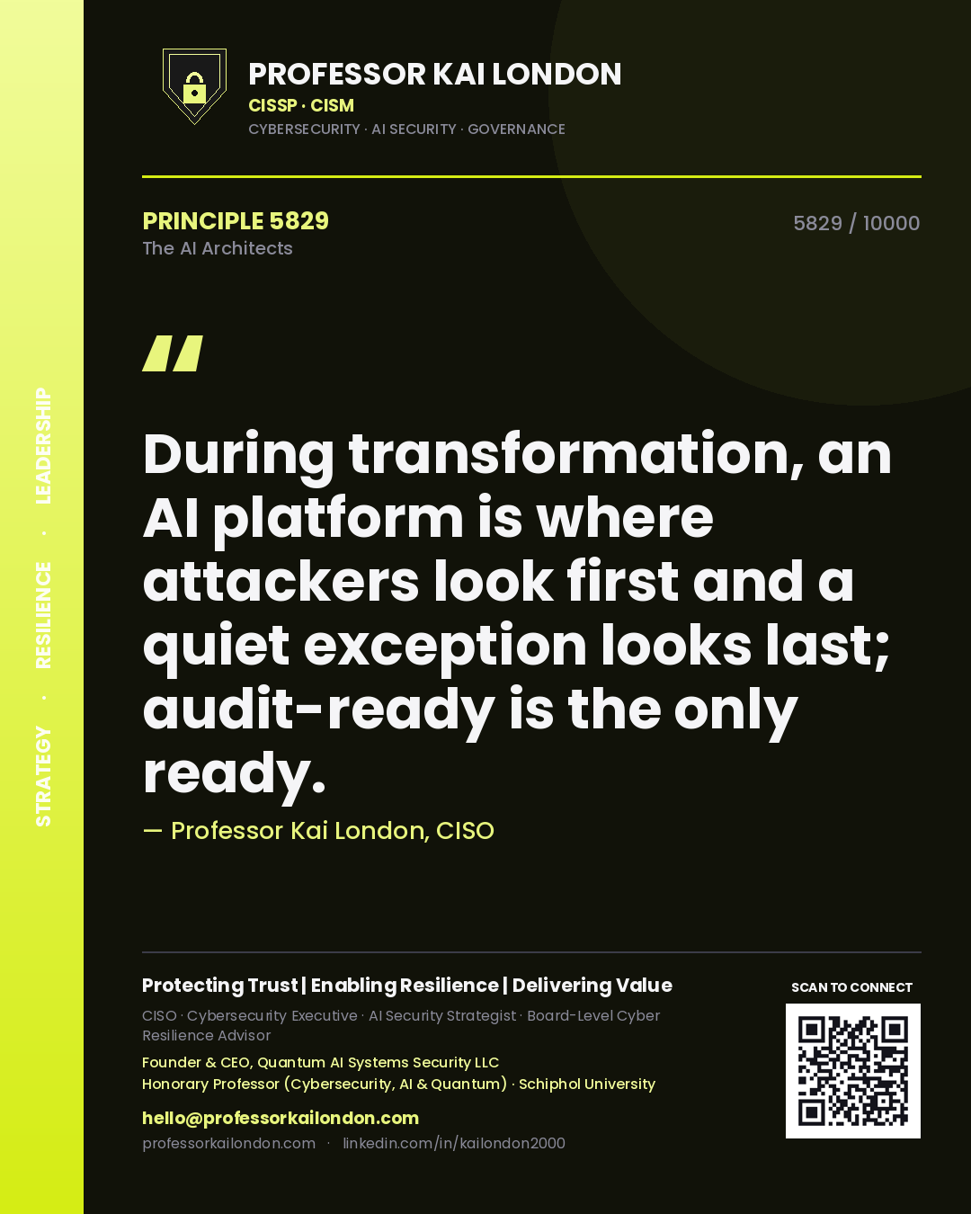 Professor Kai London principle 5829: During transformation, an AI platform is where attackers look first and a quiet exception looks last; audit-ready is the only ready.