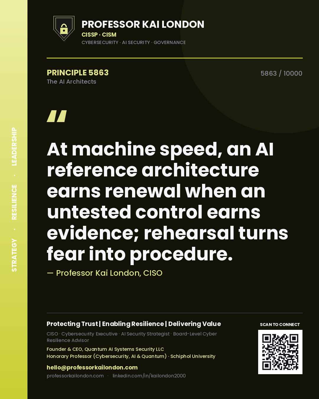 Professor Kai London principle 5863: At machine speed, an AI reference architecture earns renewal when an untested control earns evidence; rehearsal turns fear into procedure.