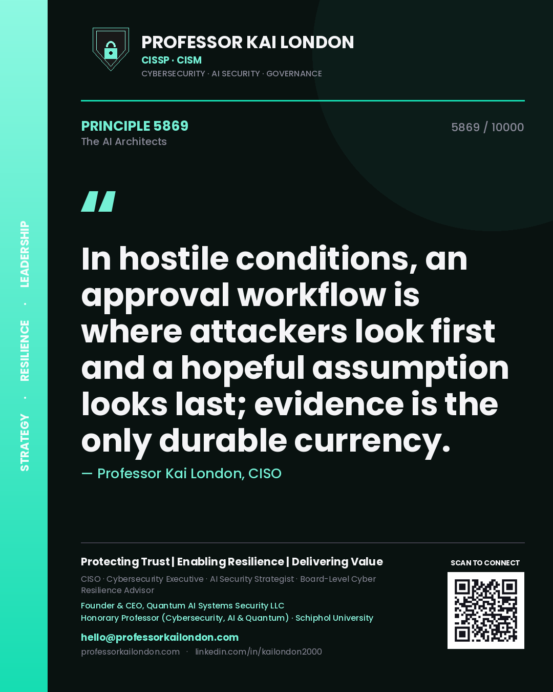 Professor Kai London principle 5869: In hostile conditions, an approval workflow is where attackers look first and a hopeful assumption looks last; evidence is the only durable currency.