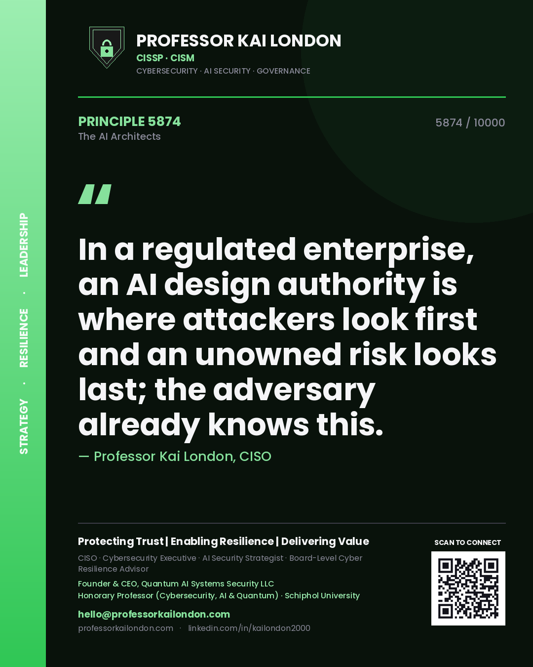 Professor Kai London principle 5874: In a regulated enterprise, an AI design authority is where attackers look first and an unowned risk looks last; the adversary already knows this.