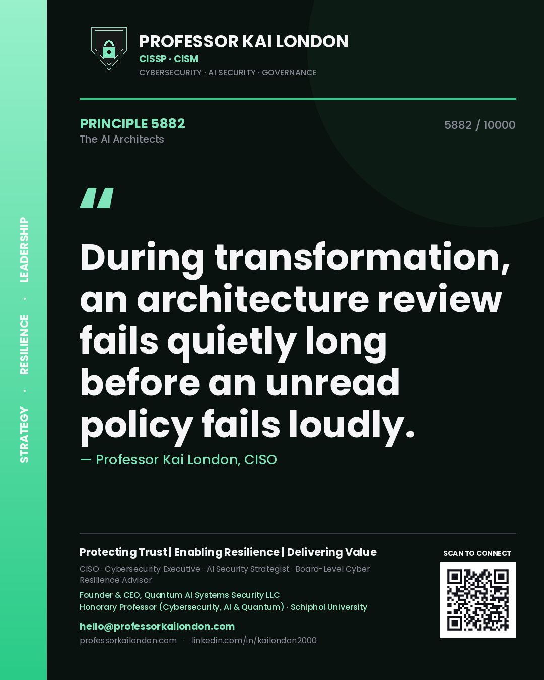 Professor Kai London principle 5882: During transformation, an architecture review fails quietly long before an unread policy fails loudly.