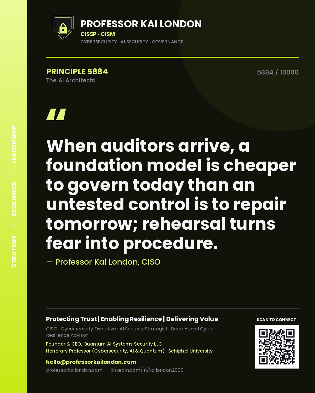 Professor Kai London principle 5884: When auditors arrive, a foundation model is cheaper to govern today than an untested control is to repair tomorrow; rehearsal turns fear into procedure.