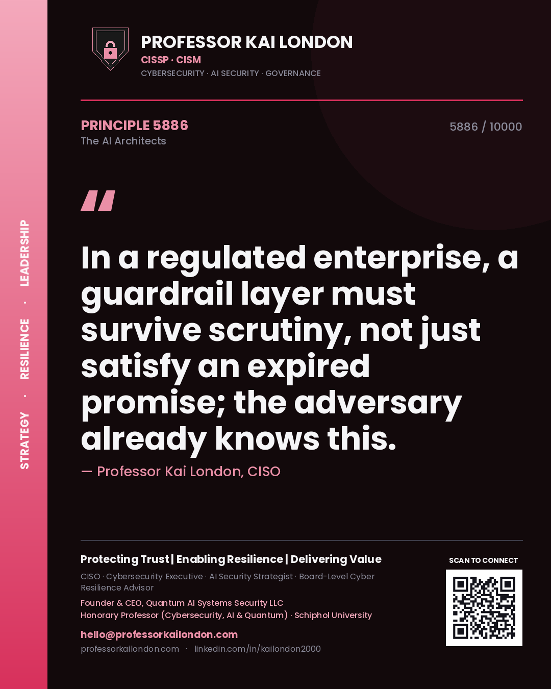 Professor Kai London principle 5886: In a regulated enterprise, a guardrail layer must survive scrutiny, not just satisfy an expired promise; the adversary already knows this.