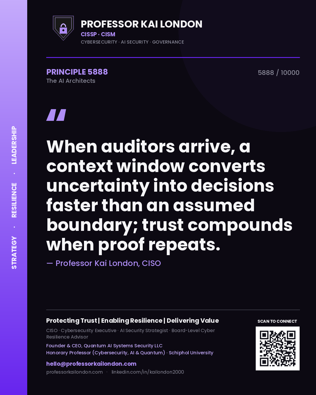 Professor Kai London principle 5888: When auditors arrive, a context window converts uncertainty into decisions faster than an assumed boundary; trust compounds when proof repeats.