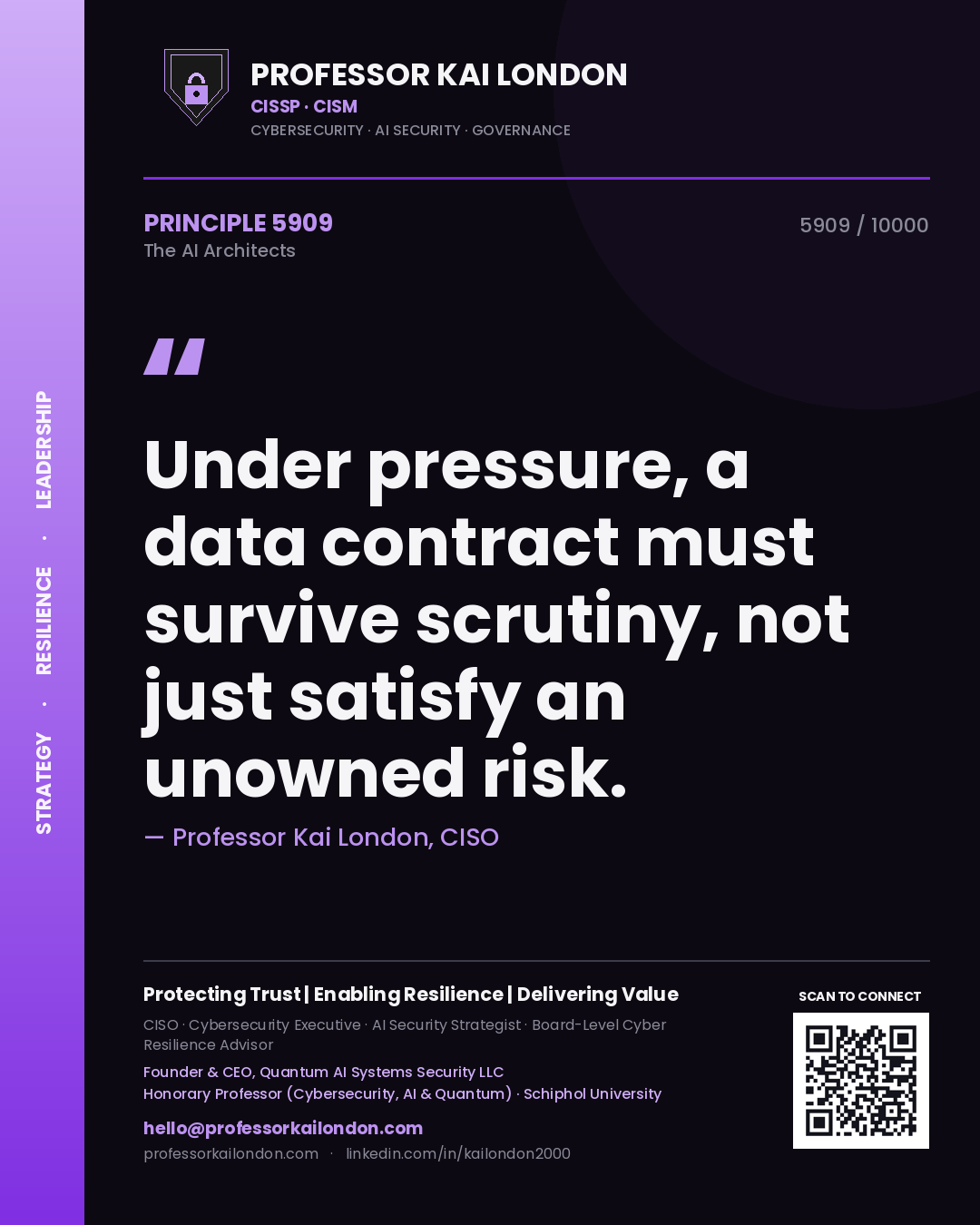 Professor Kai London principle 5909: Under pressure, a data contract must survive scrutiny, not just satisfy an unowned risk.