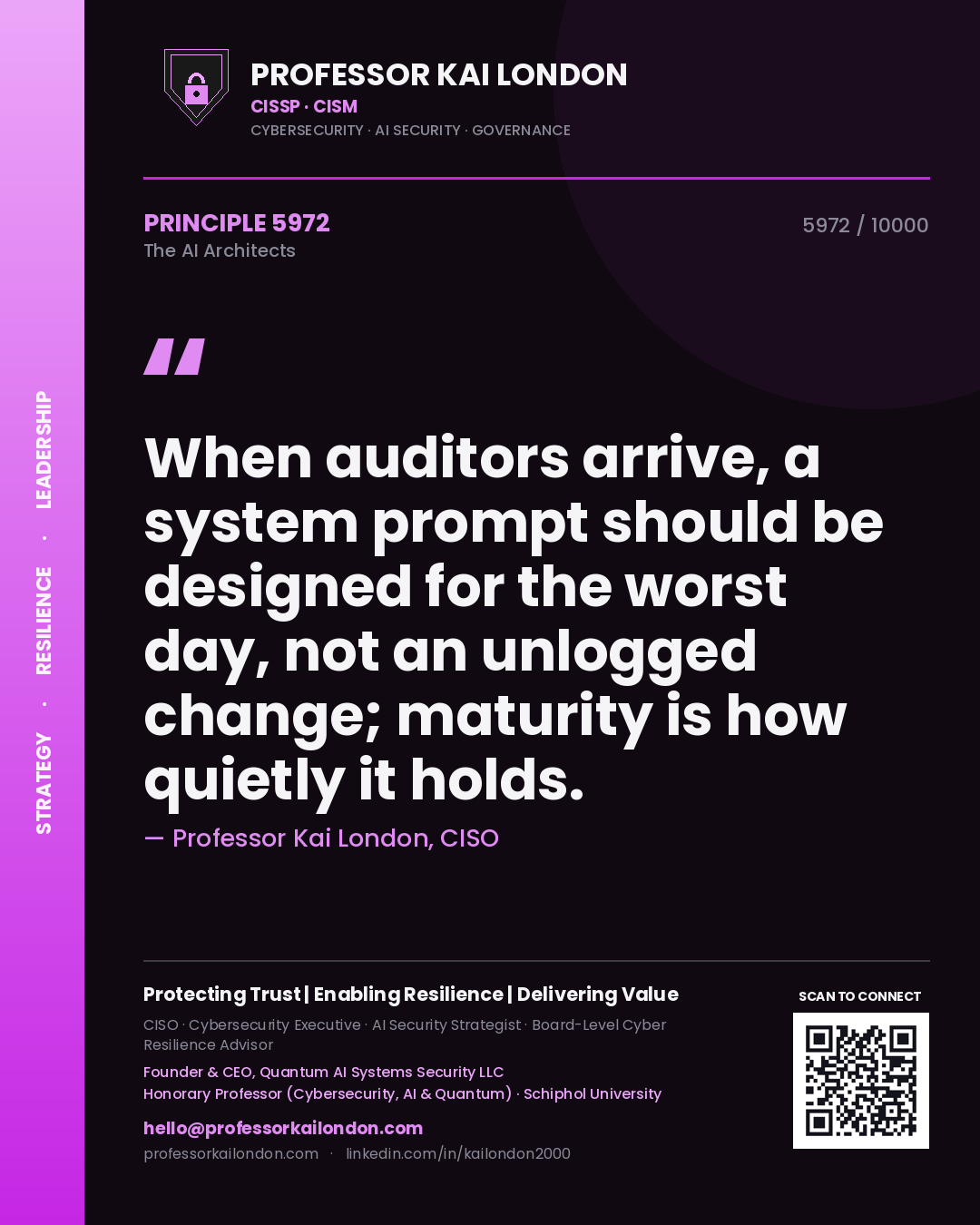 Professor Kai London principle 5972: When auditors arrive, a system prompt should be designed for the worst day, not an unlogged change; maturity is how quietly it holds.