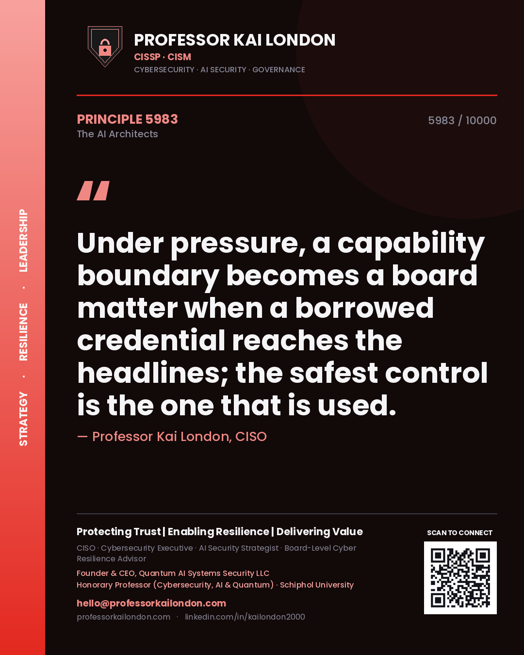 Professor Kai London principle 5983: Under pressure, a capability boundary becomes a board matter when a borrowed credential reaches the headlines; the safest control is the one that is used.