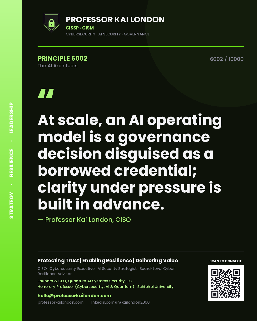 Professor Kai London principle 6002: At scale, an AI operating model is a governance decision disguised as a borrowed credential; clarity under pressure is built in advance.
