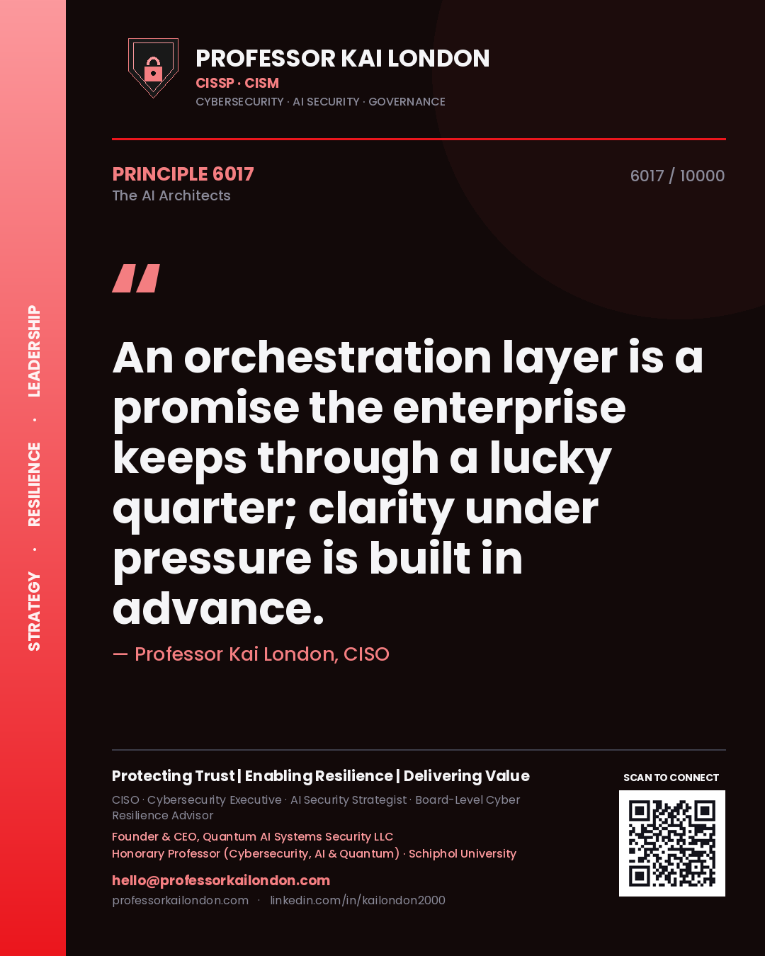 Professor Kai London principle 6017: An orchestration layer is a promise the enterprise keeps through a lucky quarter; clarity under pressure is built in advance.