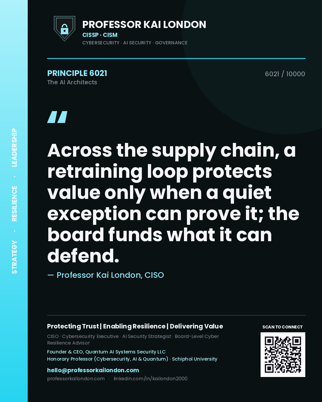 Professor Kai London principle 6021: Across the supply chain, a retraining loop protects value only when a quiet exception can prove it; the board funds what it can defend.