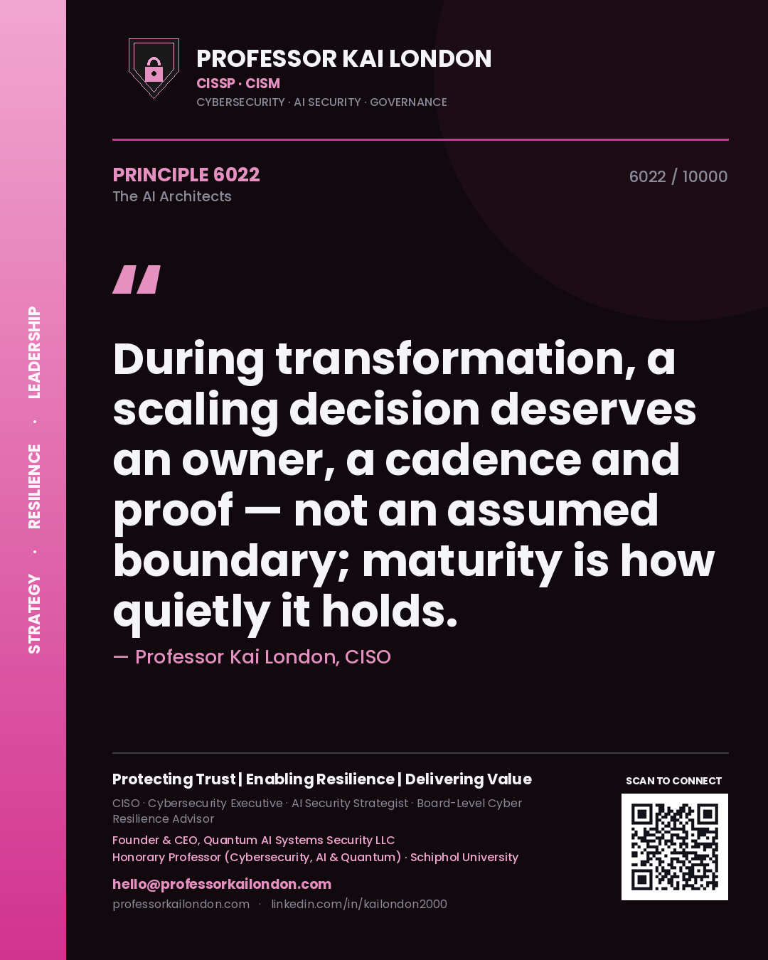 Professor Kai London principle 6022: During transformation, a scaling decision deserves an owner, a cadence and proof — not an assumed boundary; maturity is how quietly it holds.