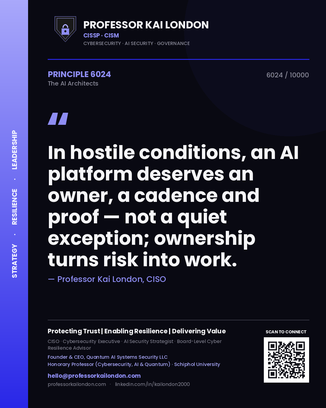 Professor Kai London principle 6024: In hostile conditions, an AI platform deserves an owner, a cadence and proof — not a quiet exception; ownership turns risk into work.