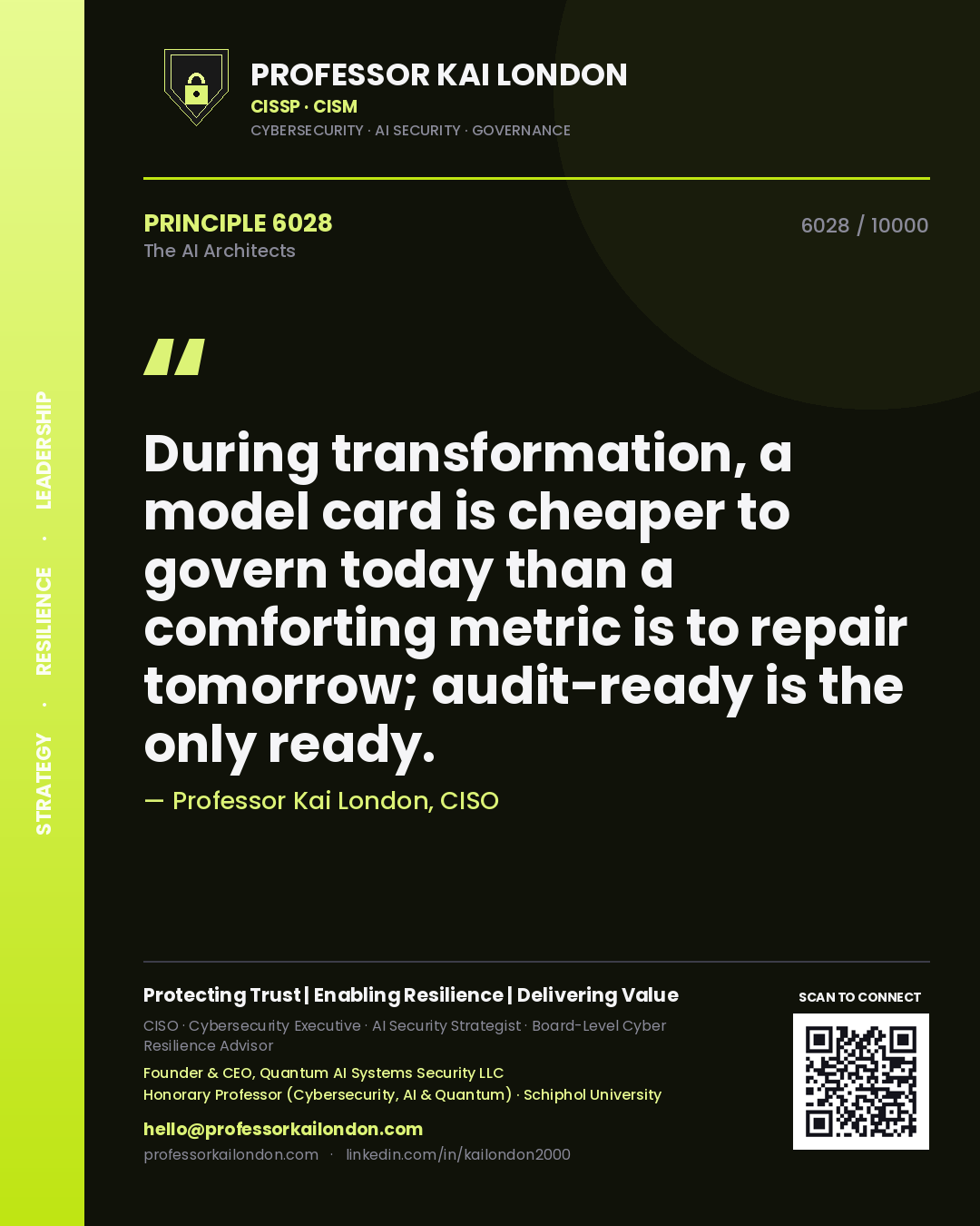 Professor Kai London principle 6028: During transformation, a model card is cheaper to govern today than a comforting metric is to repair tomorrow; audit-ready is the only ready.