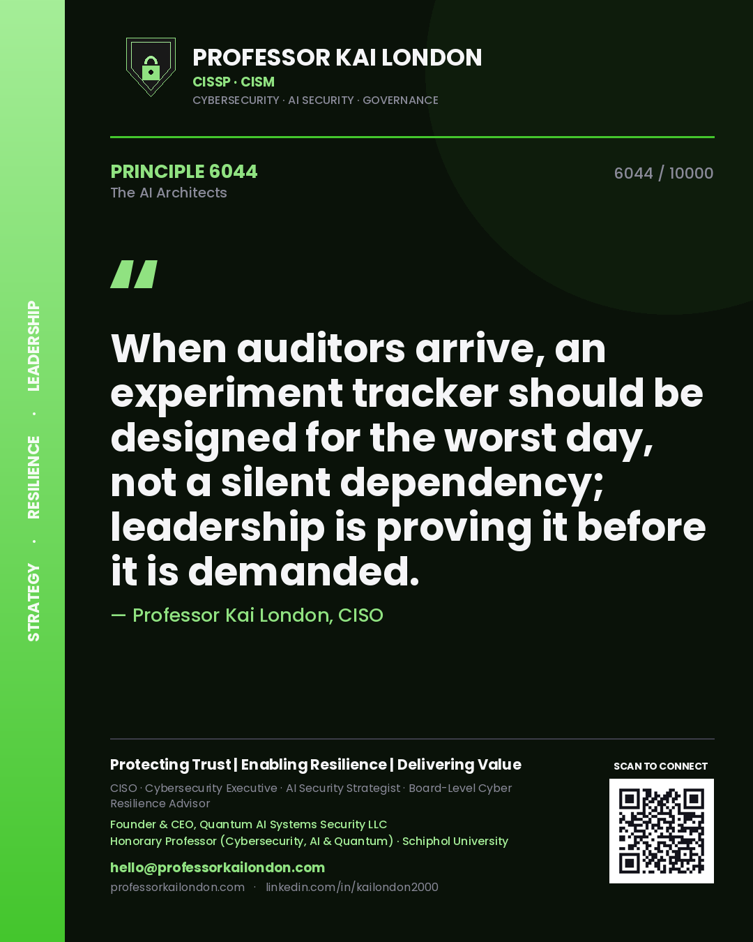 Professor Kai London principle 6044: When auditors arrive, an experiment tracker should be designed for the worst day, not a silent dependency; leadership is proving it before it is demanded.