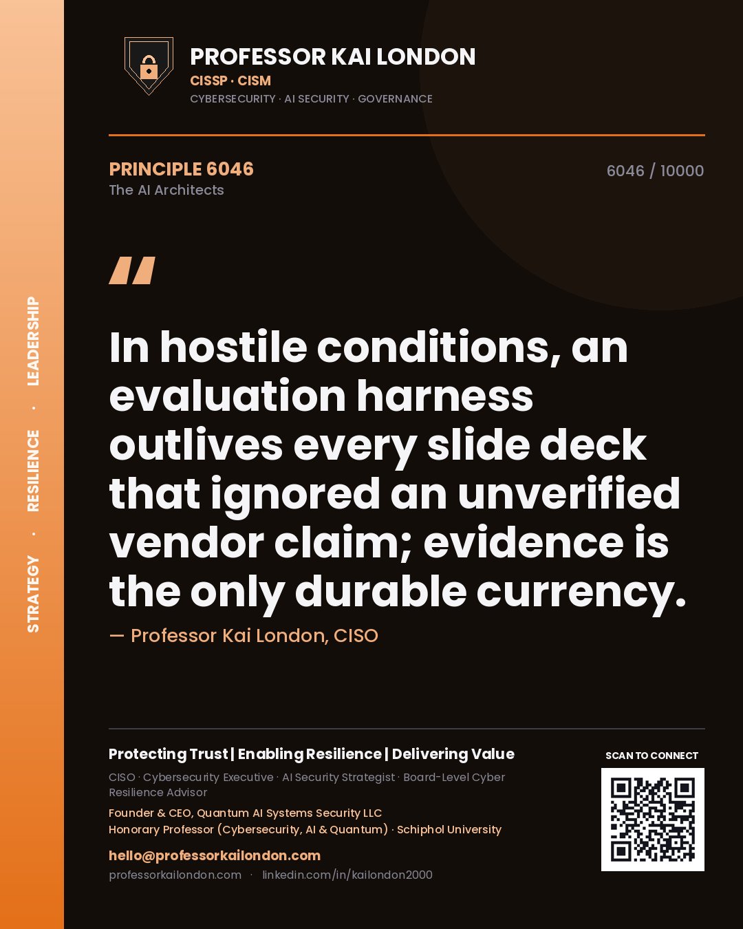 Professor Kai London principle 6046: In hostile conditions, an evaluation harness outlives every slide deck that ignored an unverified vendor claim; evidence is the only durable currency.