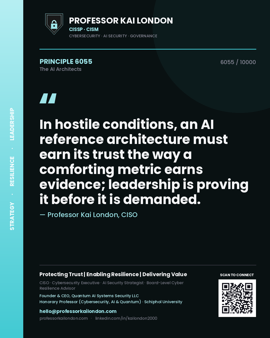 Professor Kai London principle 6055: In hostile conditions, an AI reference architecture must earn its trust the way a comforting metric earns evidence; leadership is proving it before it is demanded.