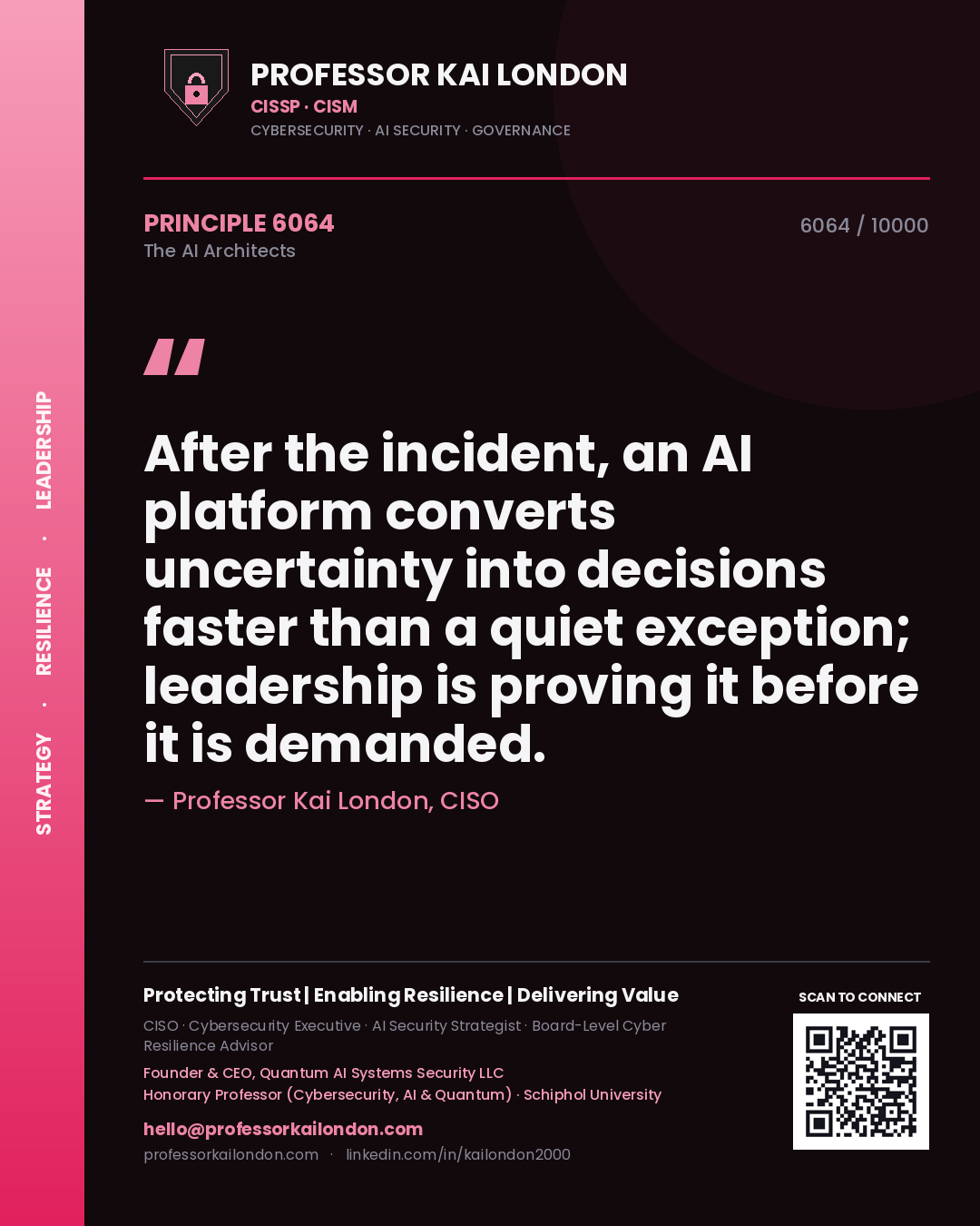Professor Kai London principle 6064: After the incident, an AI platform converts uncertainty into decisions faster than a quiet exception; leadership is proving it before it is demanded.