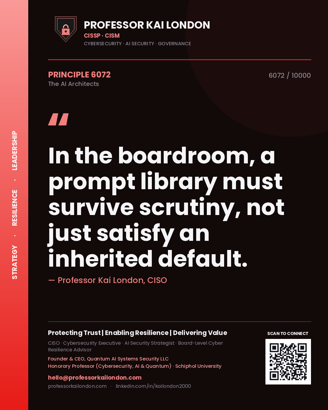 Professor Kai London principle 6072: In the boardroom, a prompt library must survive scrutiny, not just satisfy an inherited default.