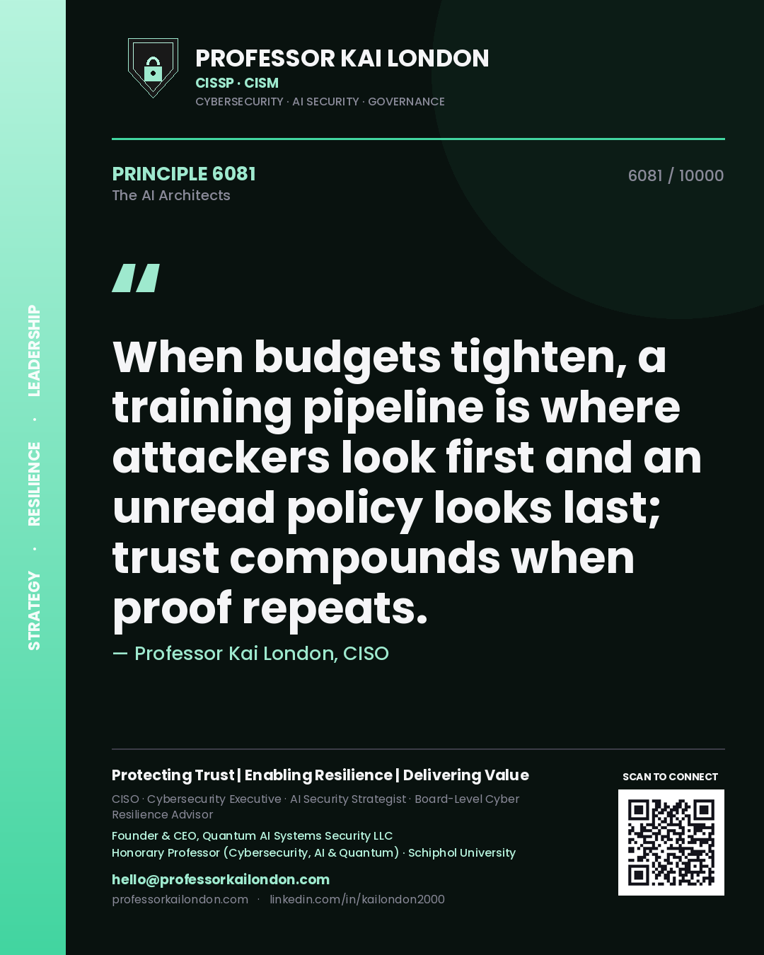 Professor Kai London principle 6081: When budgets tighten, a training pipeline is where attackers look first and an unread policy looks last; trust compounds when proof repeats.