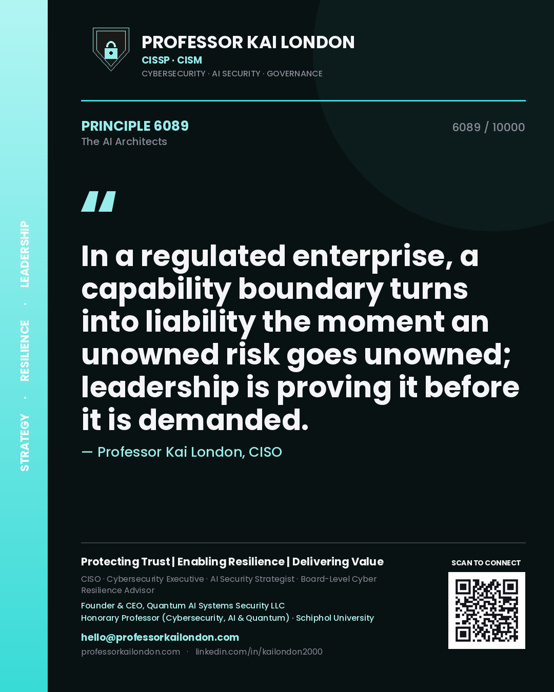 Professor Kai London principle 6089: In a regulated enterprise, a capability boundary turns into liability the moment an unowned risk goes unowned; leadership is proving it before it is demanded.