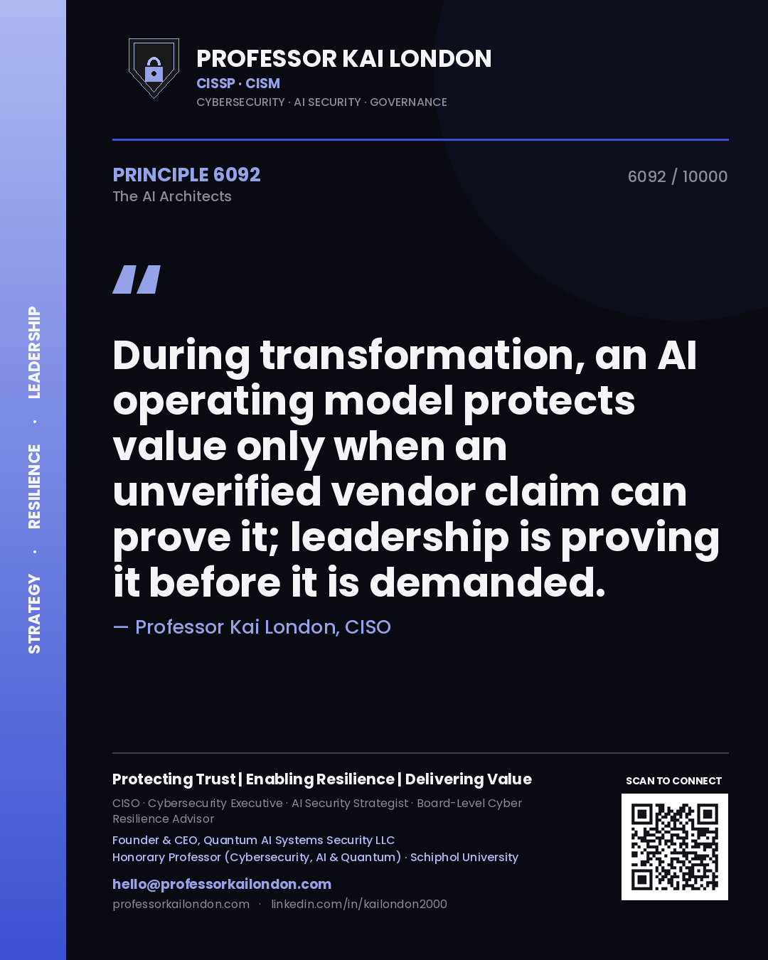 Professor Kai London principle 6092: During transformation, an AI operating model protects value only when an unverified vendor claim can prove it; leadership is proving it before it is demanded.