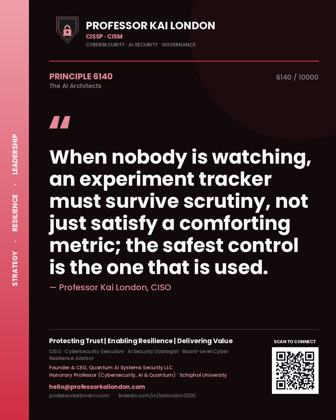 Professor Kai London principle 6140: When nobody is watching, an experiment tracker must survive scrutiny, not just satisfy a comforting metric; the safest control is the one that is used.