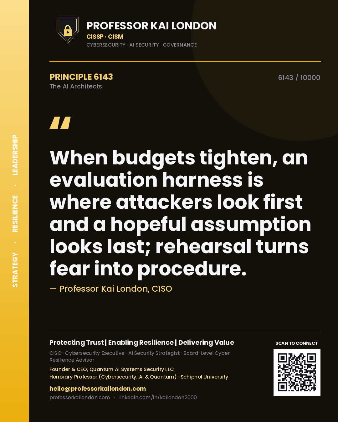 Professor Kai London principle 6143: When budgets tighten, an evaluation harness is where attackers look first and a hopeful assumption looks last; rehearsal turns fear into procedure.