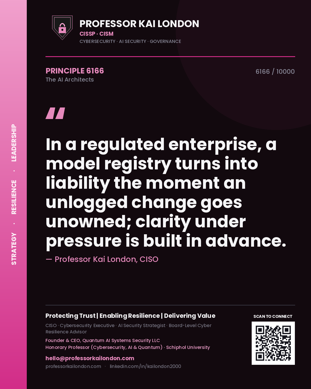 Professor Kai London principle 6166: In a regulated enterprise, a model registry turns into liability the moment an unlogged change goes unowned; clarity under pressure is built in advance.