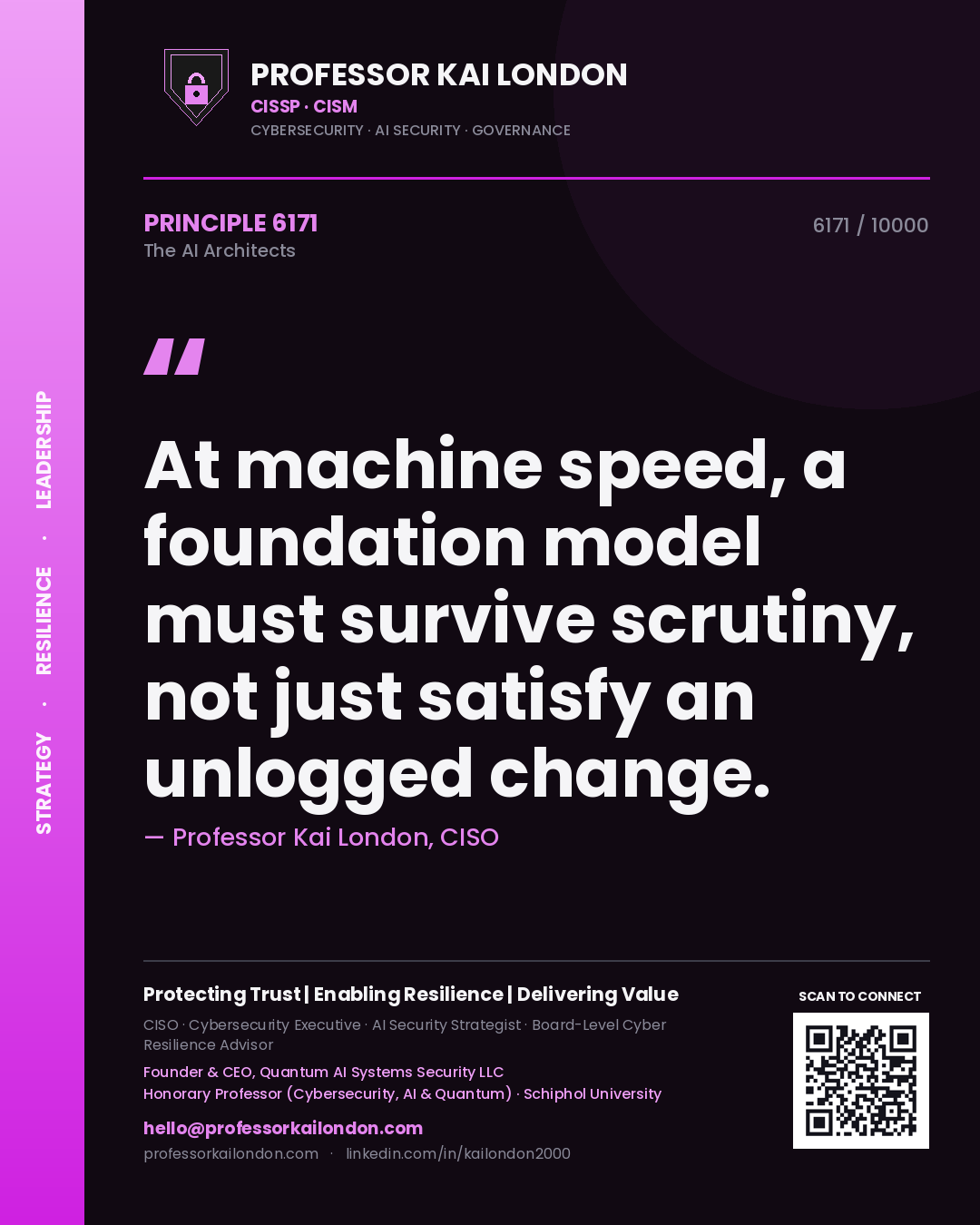 Professor Kai London principle 6171: At machine speed, a foundation model must survive scrutiny, not just satisfy an unlogged change.