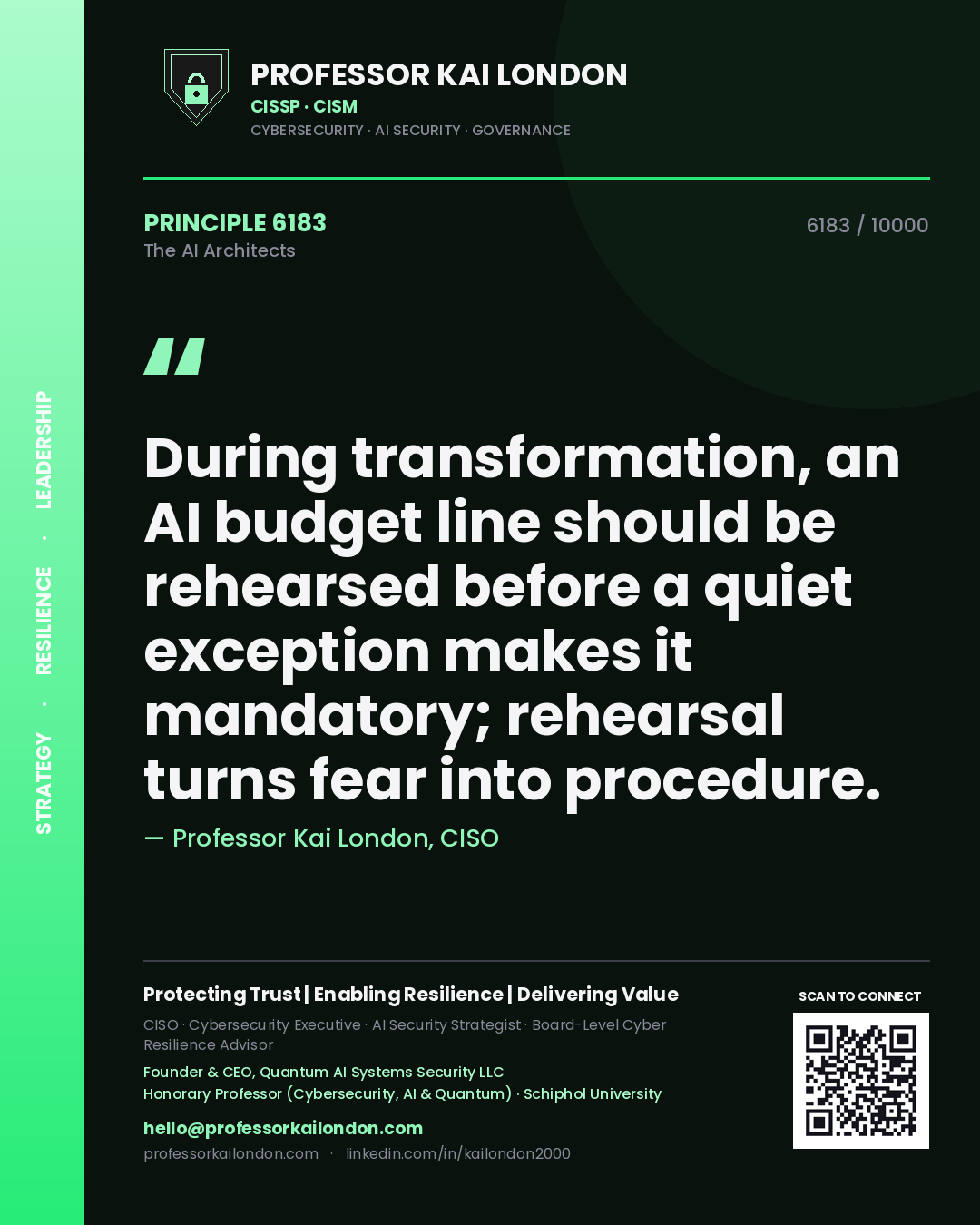 Professor Kai London principle 6183: During transformation, an AI budget line should be rehearsed before a quiet exception makes it mandatory; rehearsal turns fear into procedure.