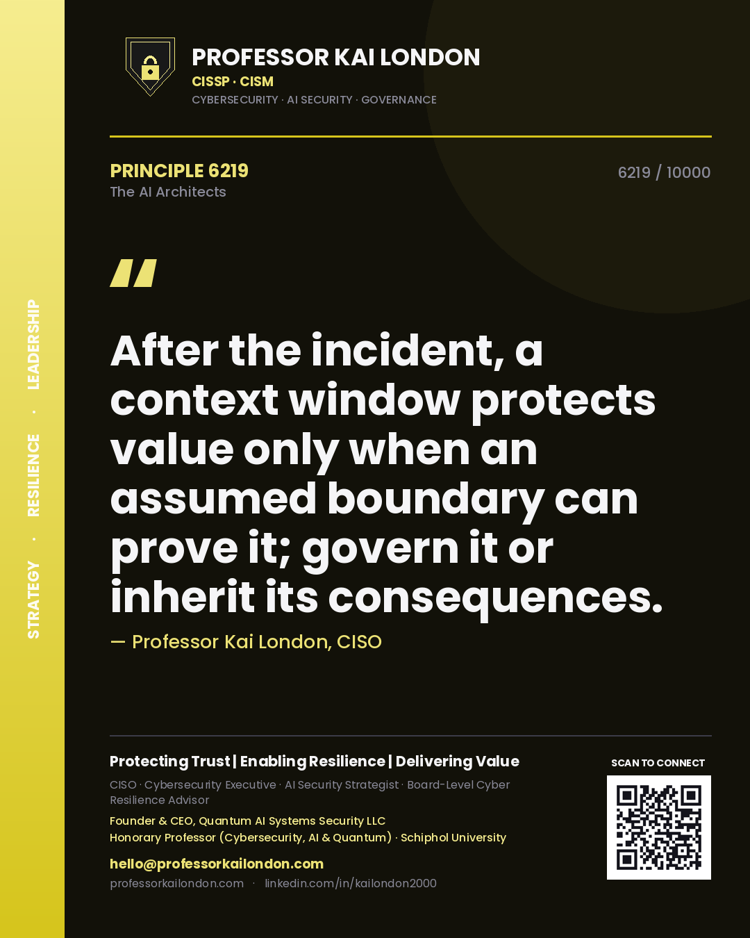 Professor Kai London principle 6219: After the incident, a context window protects value only when an assumed boundary can prove it; govern it or inherit its consequences.