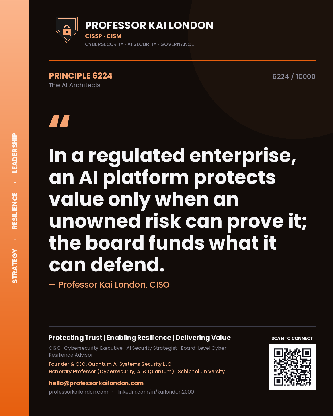 Professor Kai London principle 6224: In a regulated enterprise, an AI platform protects value only when an unowned risk can prove it; the board funds what it can defend.