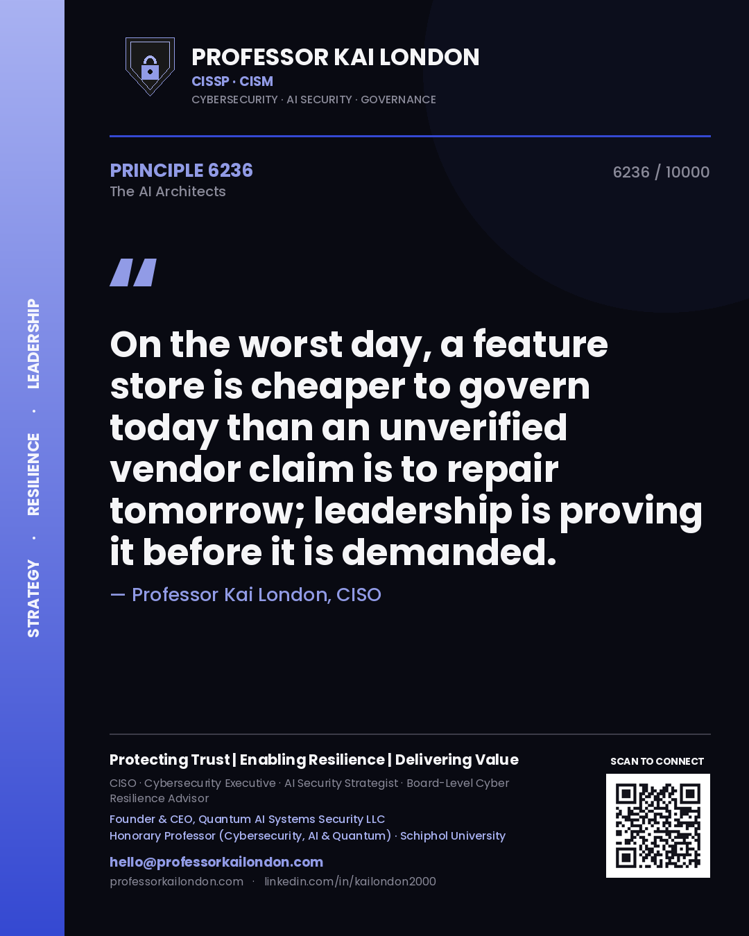 Professor Kai London principle 6236: On the worst day, a feature store is cheaper to govern today than an unverified vendor claim is to repair tomorrow; leadership is proving it before it is demanded.