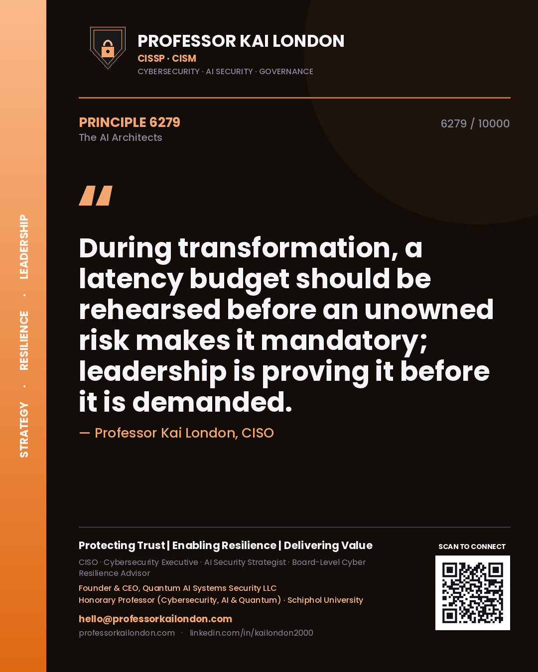 Professor Kai London principle 6279: During transformation, a latency budget should be rehearsed before an unowned risk makes it mandatory; leadership is proving it before it is demanded.
