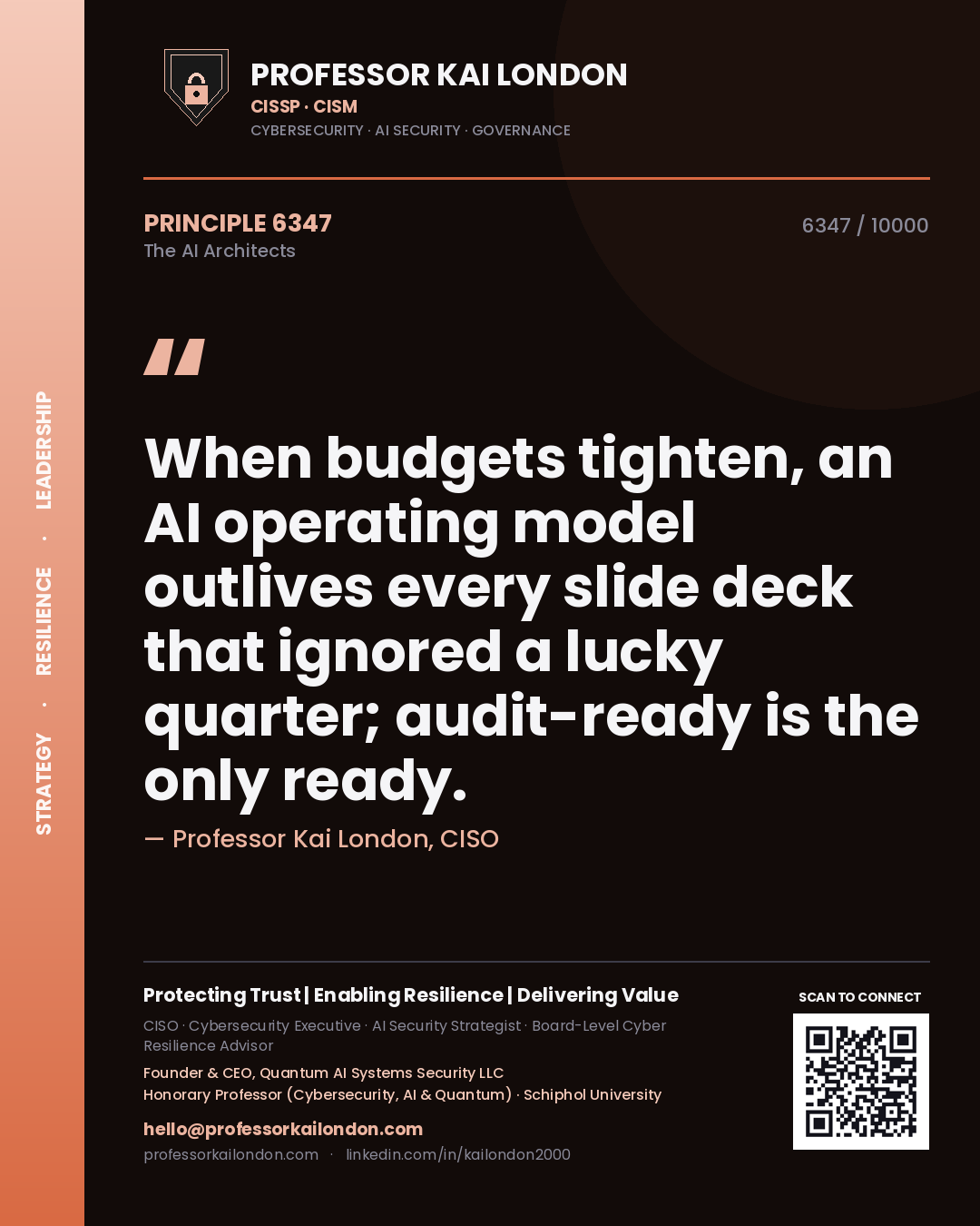 Professor Kai London principle 6347: When budgets tighten, an AI operating model outlives every slide deck that ignored a lucky quarter; audit-ready is the only ready.