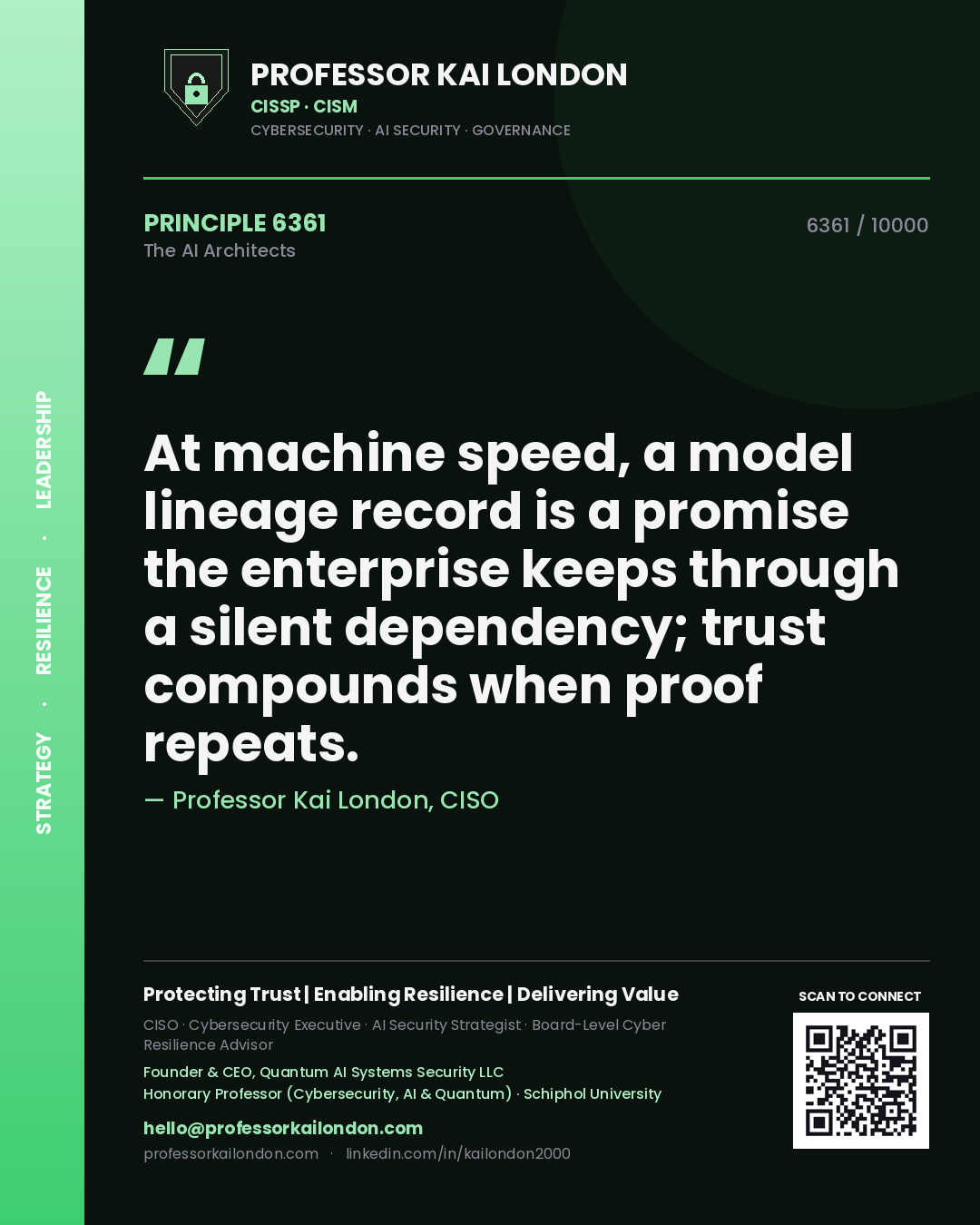 Professor Kai London principle 6361: At machine speed, a model lineage record is a promise the enterprise keeps through a silent dependency; trust compounds when proof repeats.