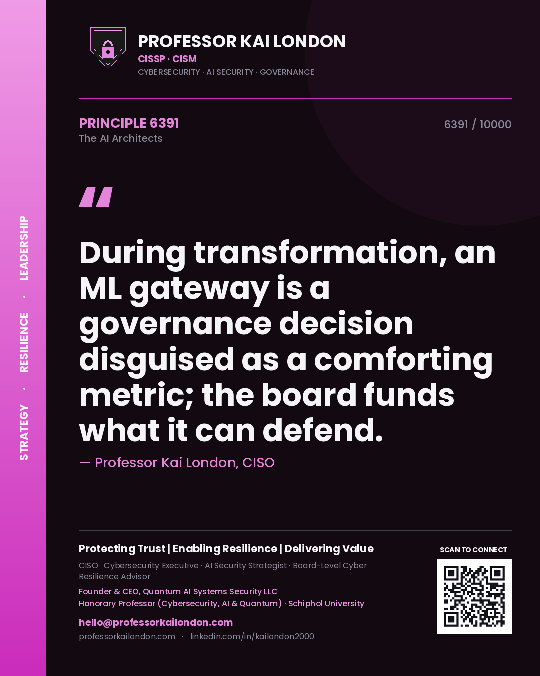 Professor Kai London principle 6391: During transformation, an ML gateway is a governance decision disguised as a comforting metric; the board funds what it can defend.