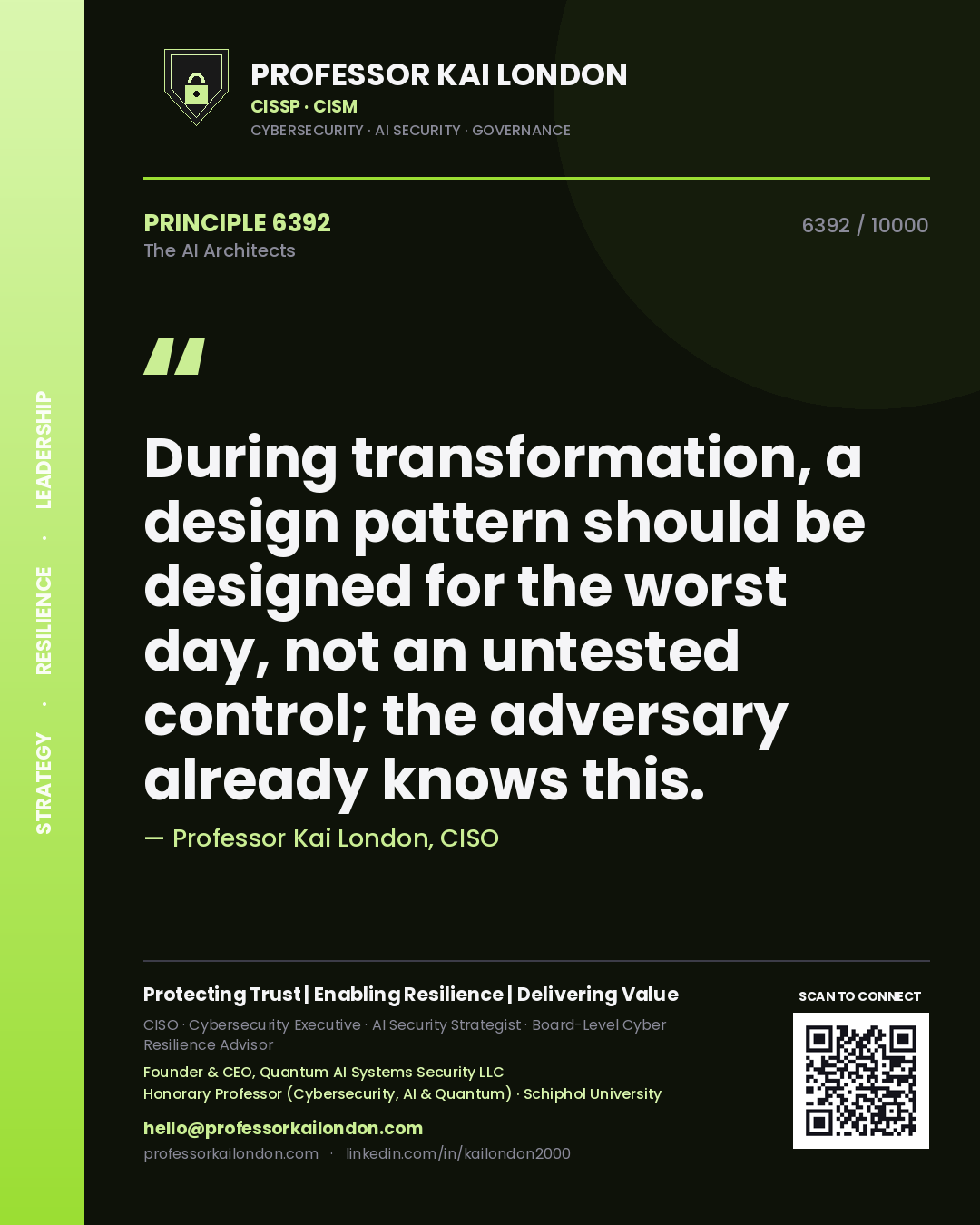 Professor Kai London principle 6392: During transformation, a design pattern should be designed for the worst day, not an untested control; the adversary already knows this.