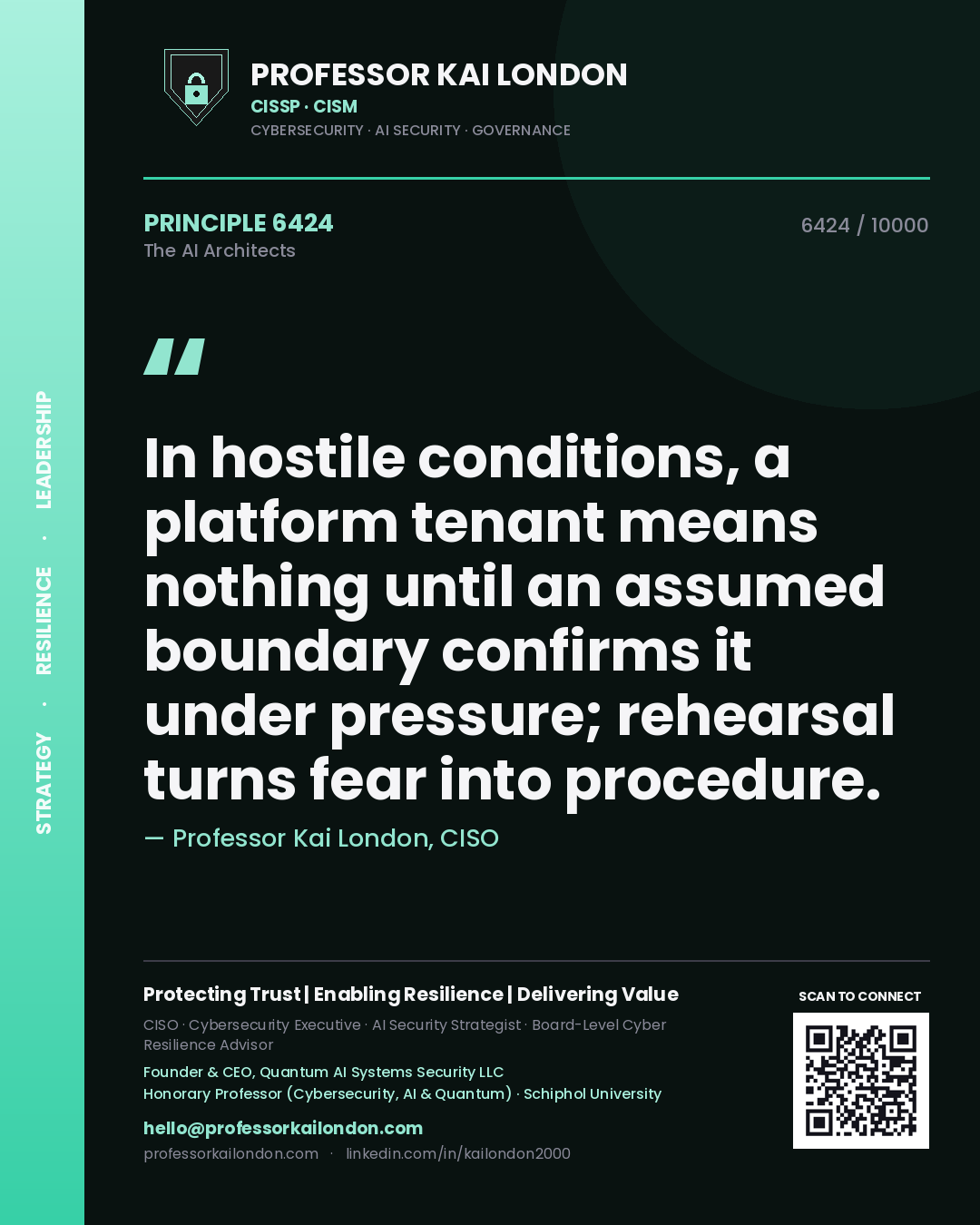 Professor Kai London principle 6424: In hostile conditions, a platform tenant means nothing until an assumed boundary confirms it under pressure; rehearsal turns fear into procedure.
