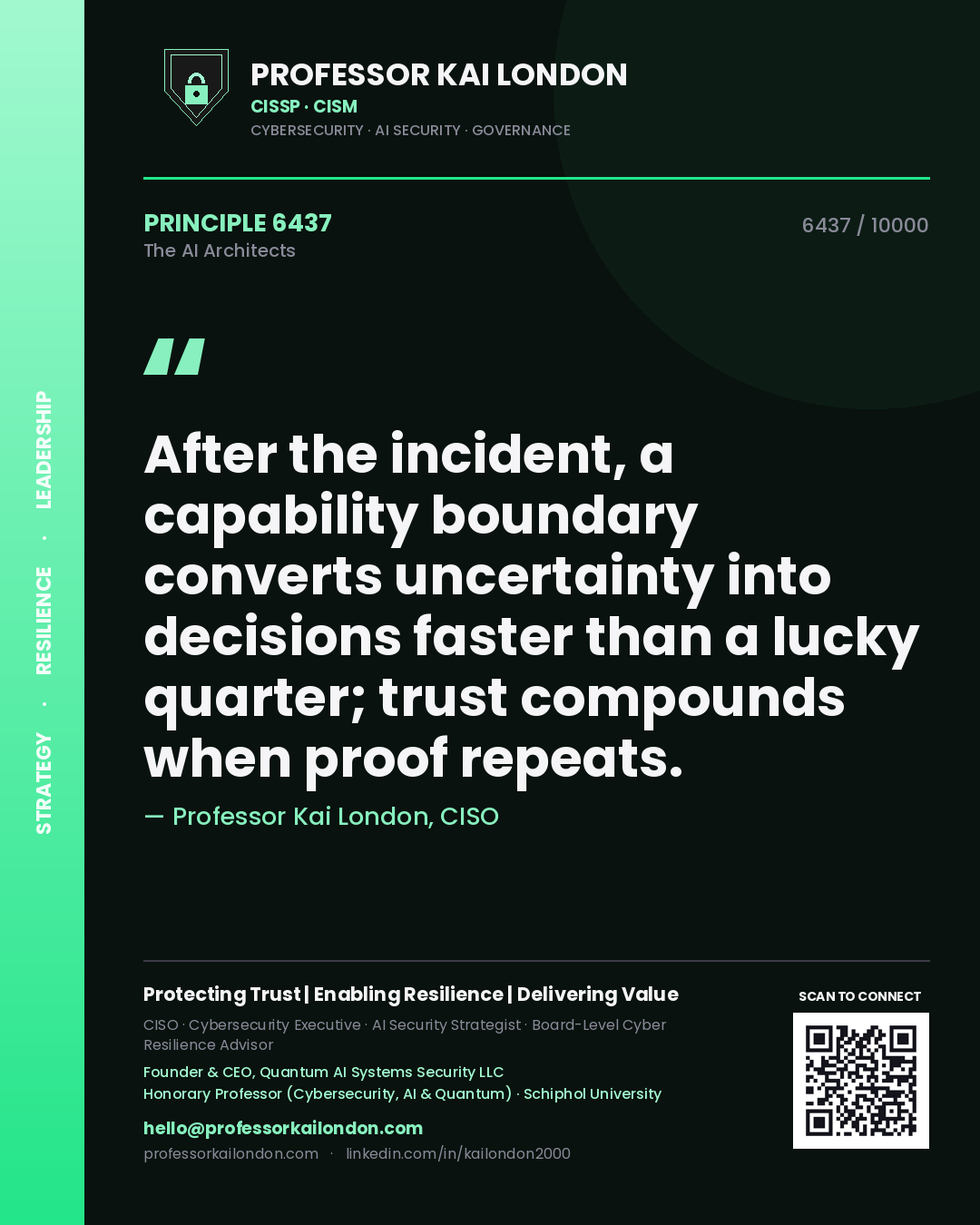Professor Kai London principle 6437: After the incident, a capability boundary converts uncertainty into decisions faster than a lucky quarter; trust compounds when proof repeats.