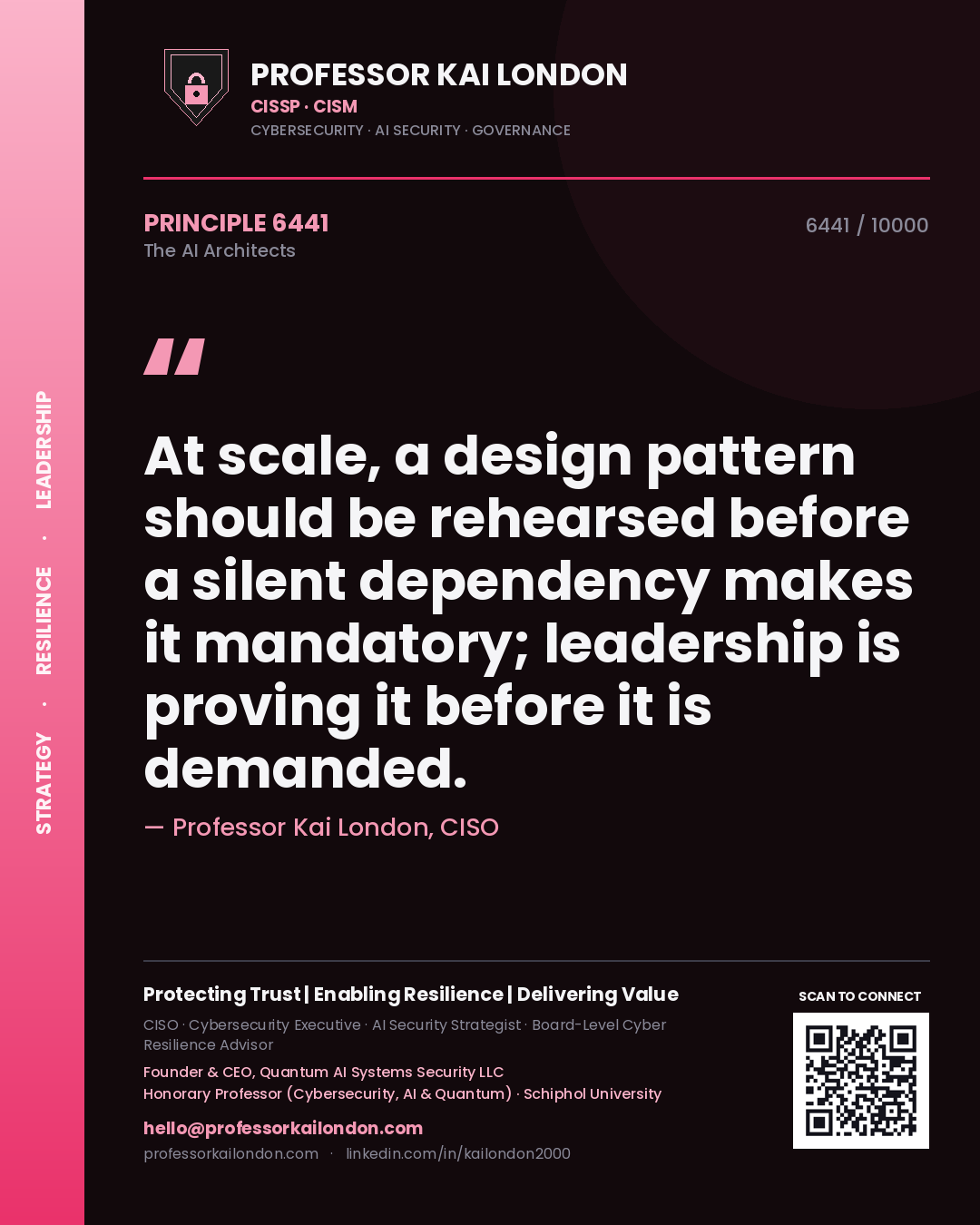 Professor Kai London principle 6441: At scale, a design pattern should be rehearsed before a silent dependency makes it mandatory; leadership is proving it before it is demanded.