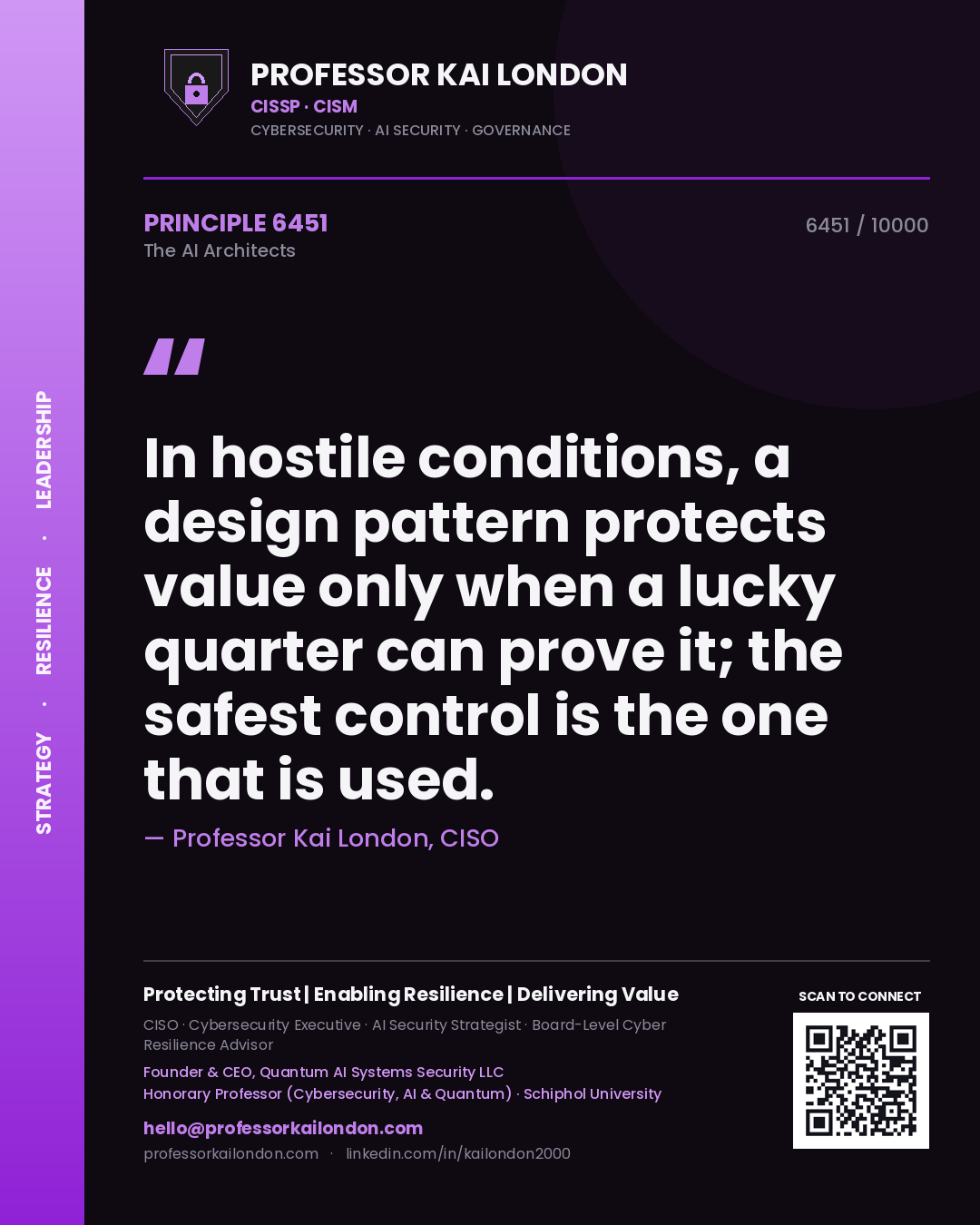 Professor Kai London principle 6451: In hostile conditions, a design pattern protects value only when a lucky quarter can prove it; the safest control is the one that is used.