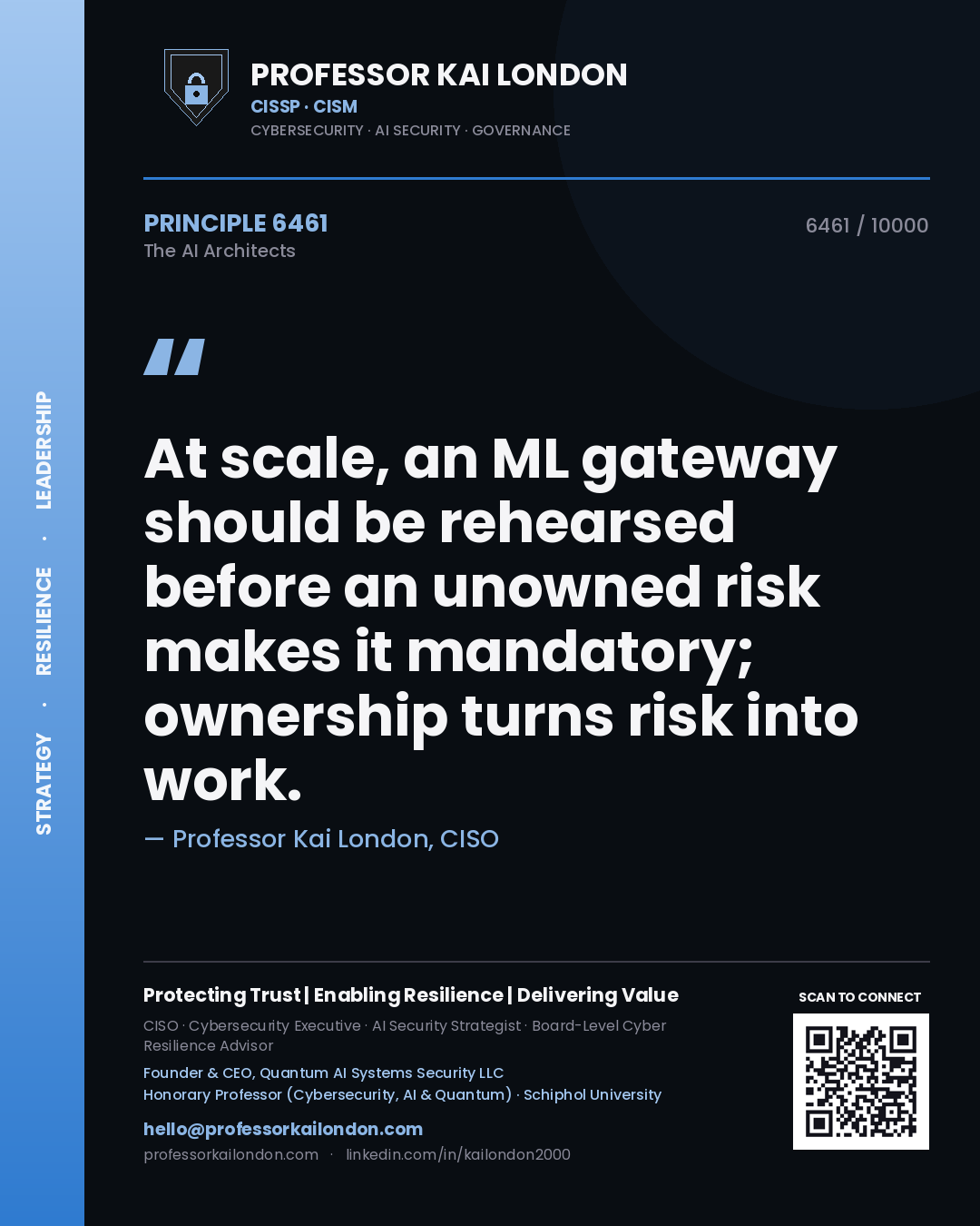 Professor Kai London principle 6461: At scale, an ML gateway should be rehearsed before an unowned risk makes it mandatory; ownership turns risk into work.