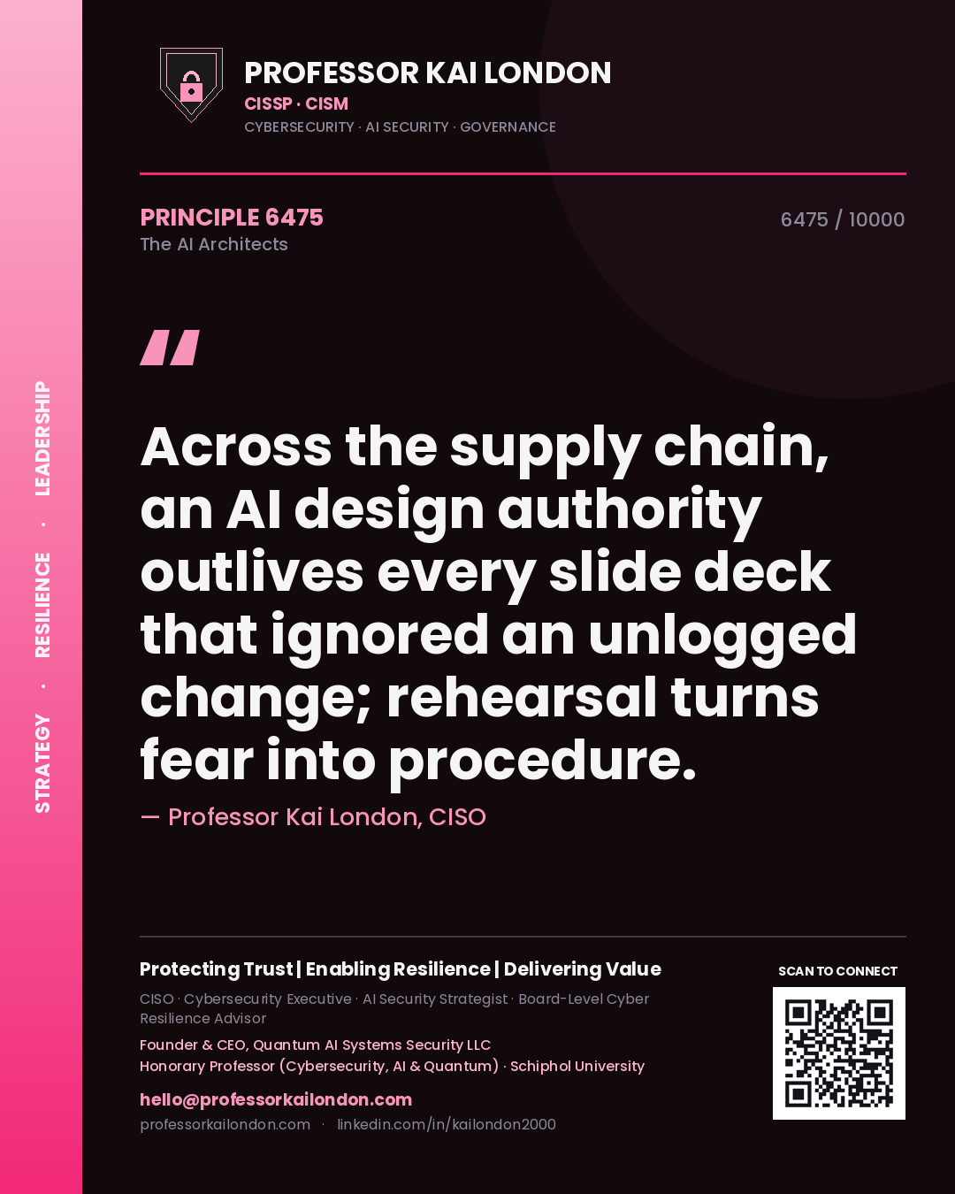 Professor Kai London principle 6475: Across the supply chain, an AI design authority outlives every slide deck that ignored an unlogged change; rehearsal turns fear into procedure.