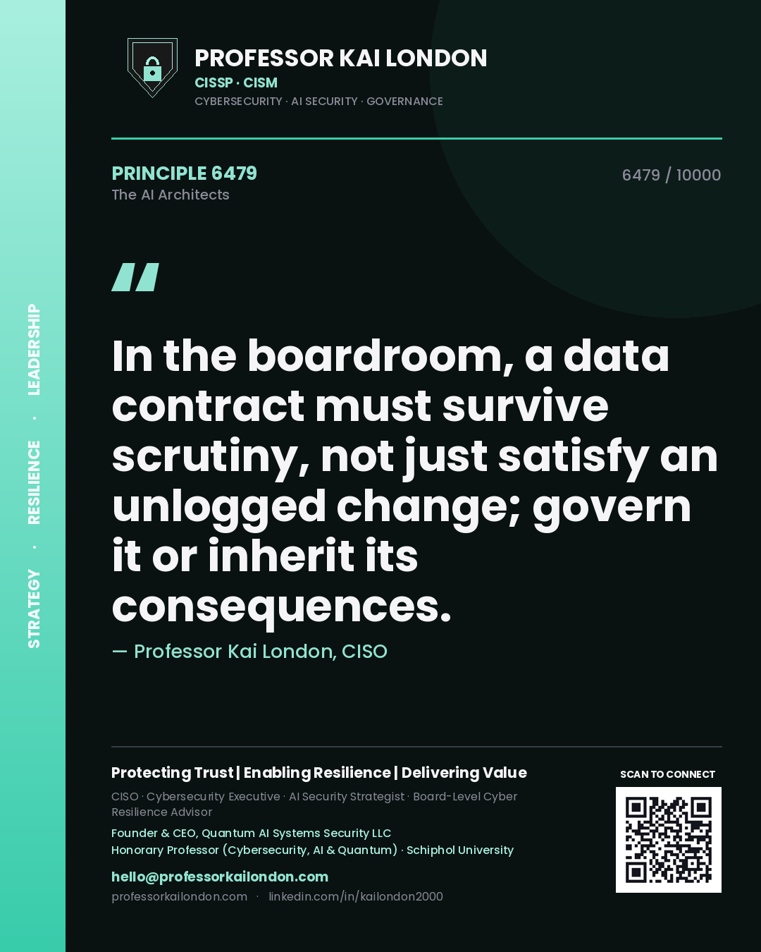 Professor Kai London principle 6479: In the boardroom, a data contract must survive scrutiny, not just satisfy an unlogged change; govern it or inherit its consequences.