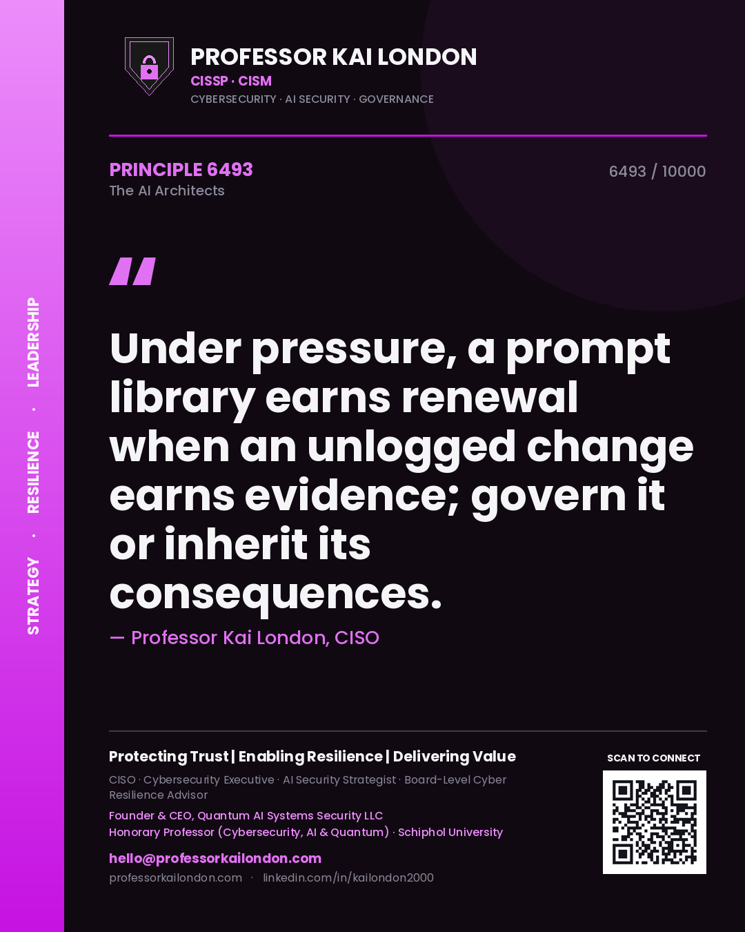 Professor Kai London principle 6493: Under pressure, a prompt library earns renewal when an unlogged change earns evidence; govern it or inherit its consequences.